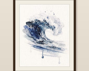 Watercolor Wave Painting Print, Prussian Blue Ocean Art, Coastal Wall Decor, Surf Art, Printable Wall Art Digital Download