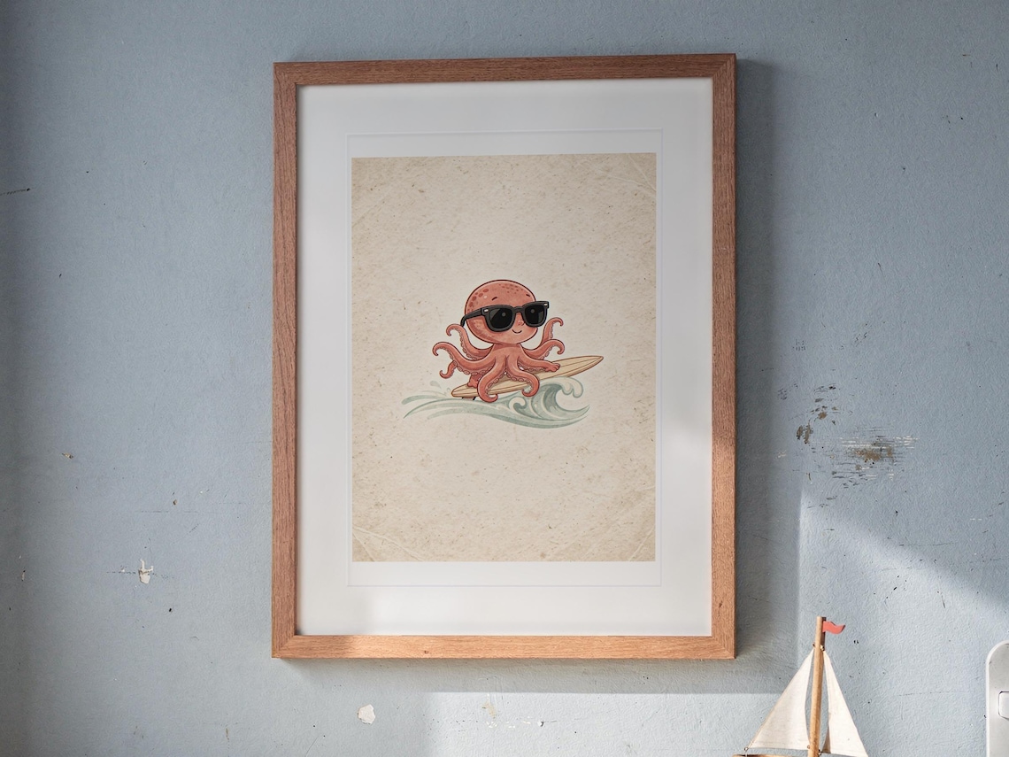 Surfing Octopus print in a Red Oak frame with a white mat, hanging above the bookshelf in a nursery.