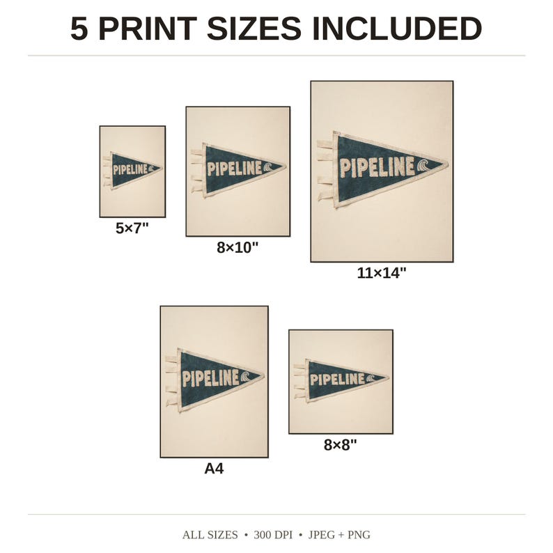 Pipeline Vintage Surf Pennant Print - available print sizes: 5x7, 8x10, 11x14, A4, and square