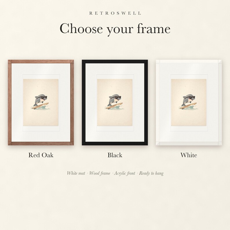 Frame options for Dolphin Surfing: Red Oak, black and white wood frames, each with a white mat.