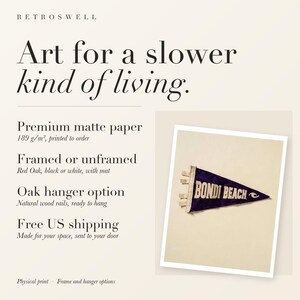 RetroSwell print details for Bondi Beach, Sydney, Australia Surf Pennant: premium 189 g/m² matte paper, framed or unframed, oak hanger option, free US shipping.