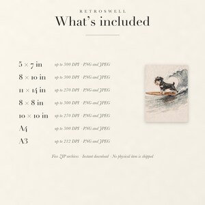 Files included with the Miniature Schnauzer surfing digital download: print sizes and resolutions.