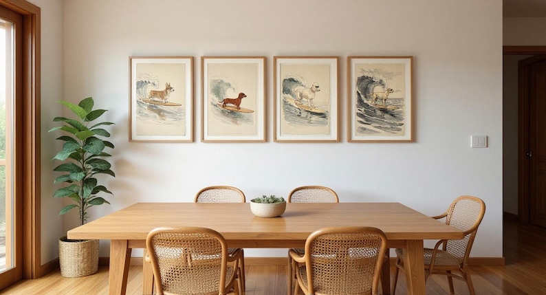 Surfing Dogs Gallery Wall Bundle displayed in coastal living room