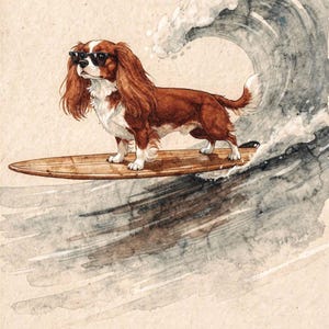 Cavalier King Charles Spaniel surfing art, full artwork: watercolor and ink dog in sunglasses on a wooden longboard riding a curling wave.