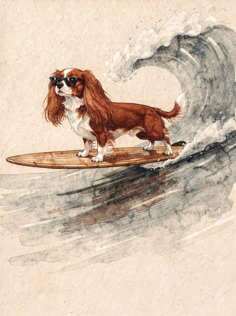 Cavalier King Charles Spaniel surfing art, full artwork: watercolor and ink dog in sunglasses on a wooden longboard riding a curling wave.