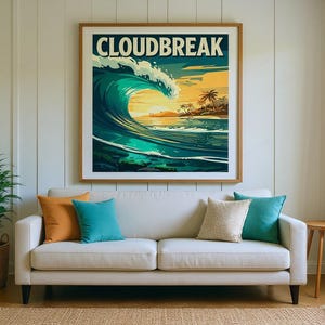 Cloudbreak Fiji Surf Poster framed in a beach-style living room setting