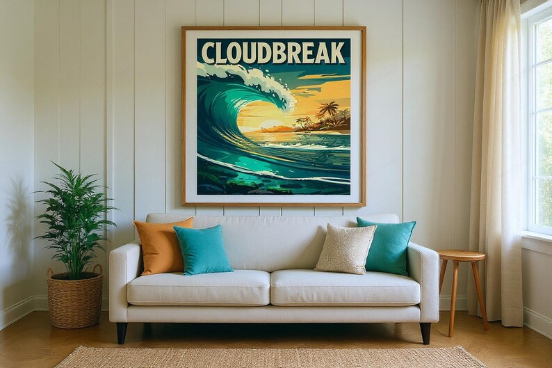 Cloudbreak Fiji Surf Poster framed in a beach-style living room setting