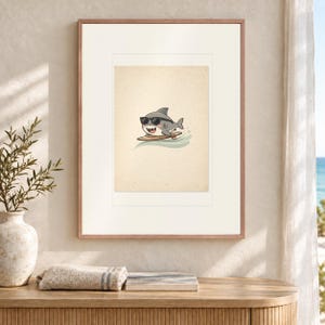 Shark Surfing Art Print, Framed or Unframed Coastal Nursery Poster image 12