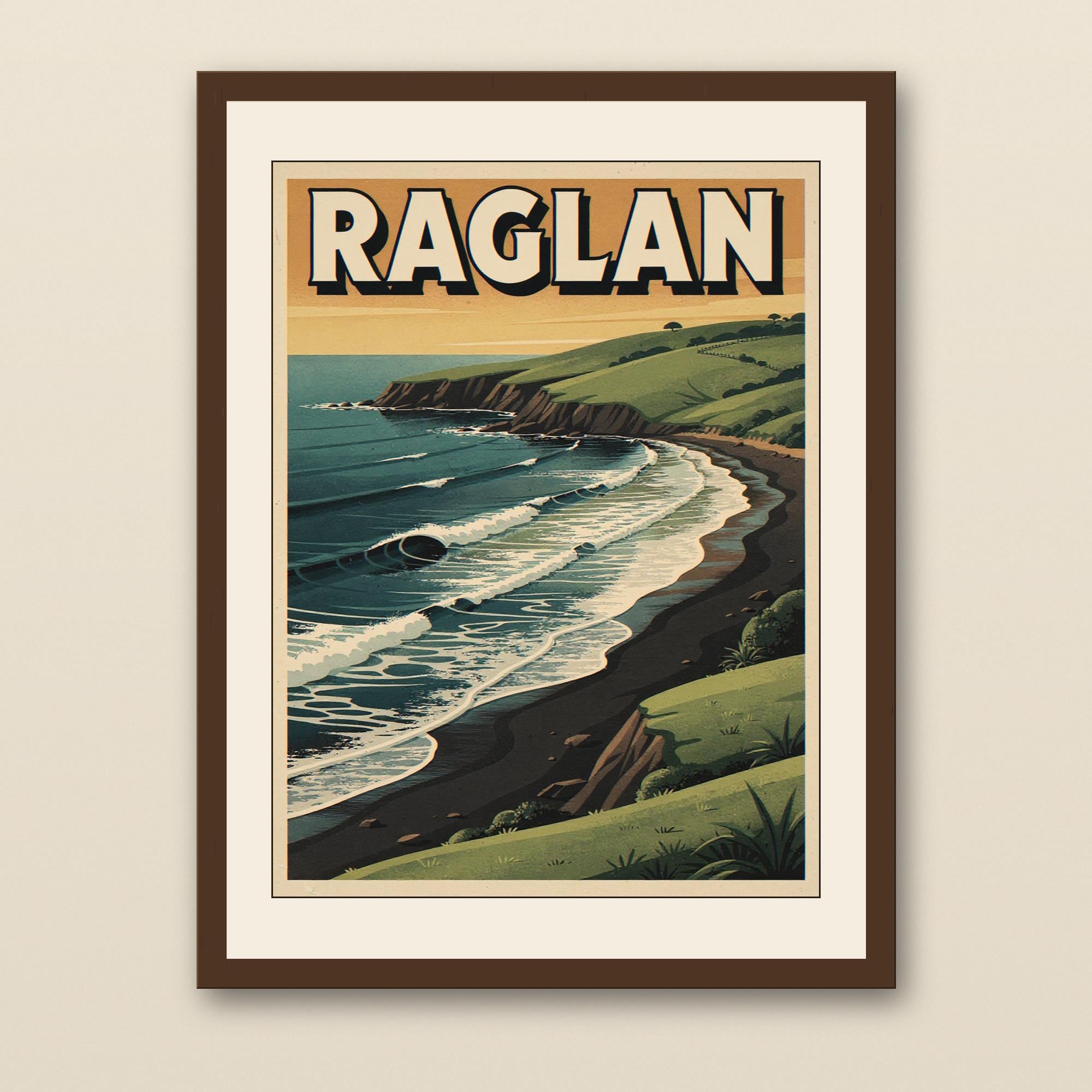 Raglan New Zealand Surf Poster - walnut framed art print with cream mat on plaster wall