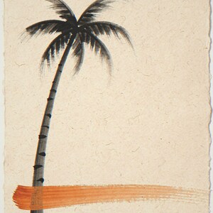 Palm tree with orange accent unframed printed artwork and full composition with its paper border.