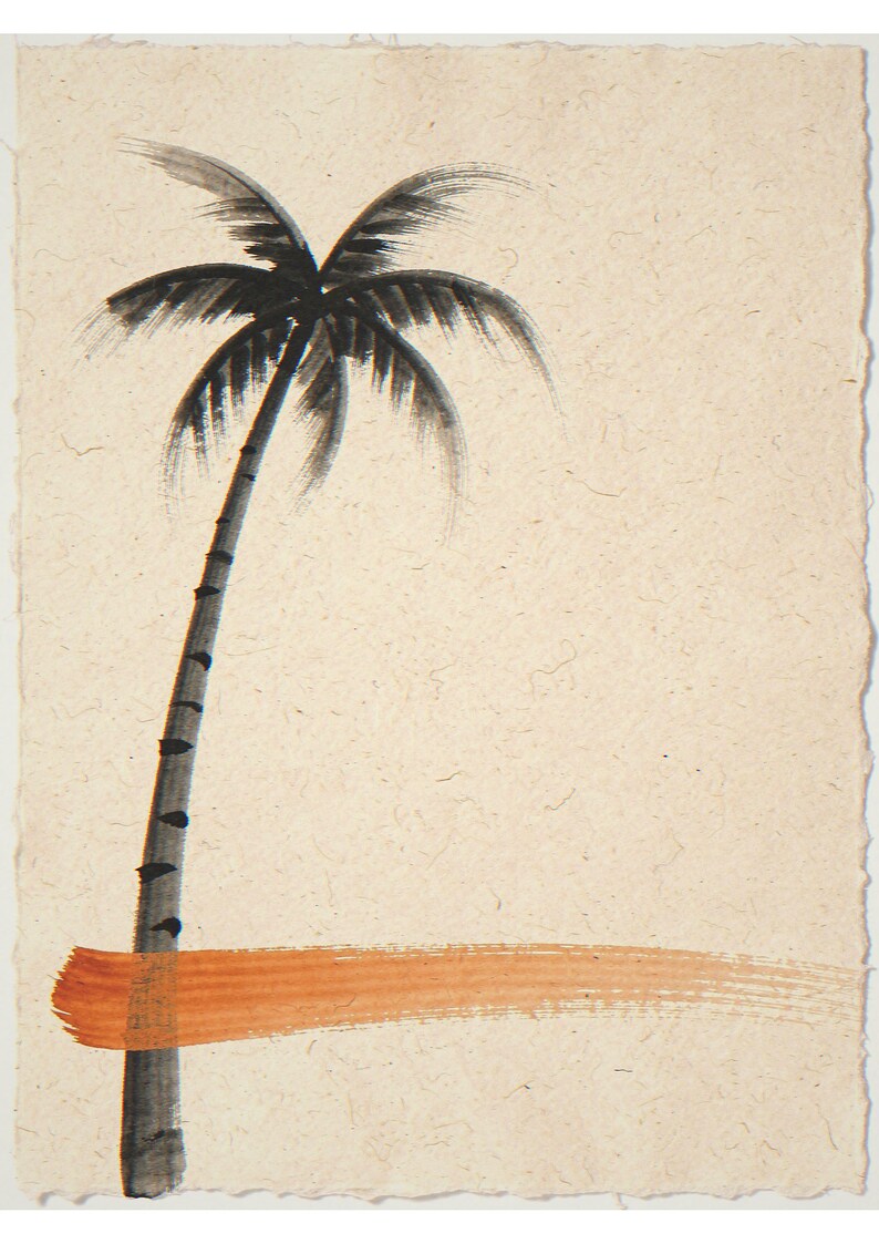 Palm tree with orange accent unframed printed artwork and full composition with its paper border.