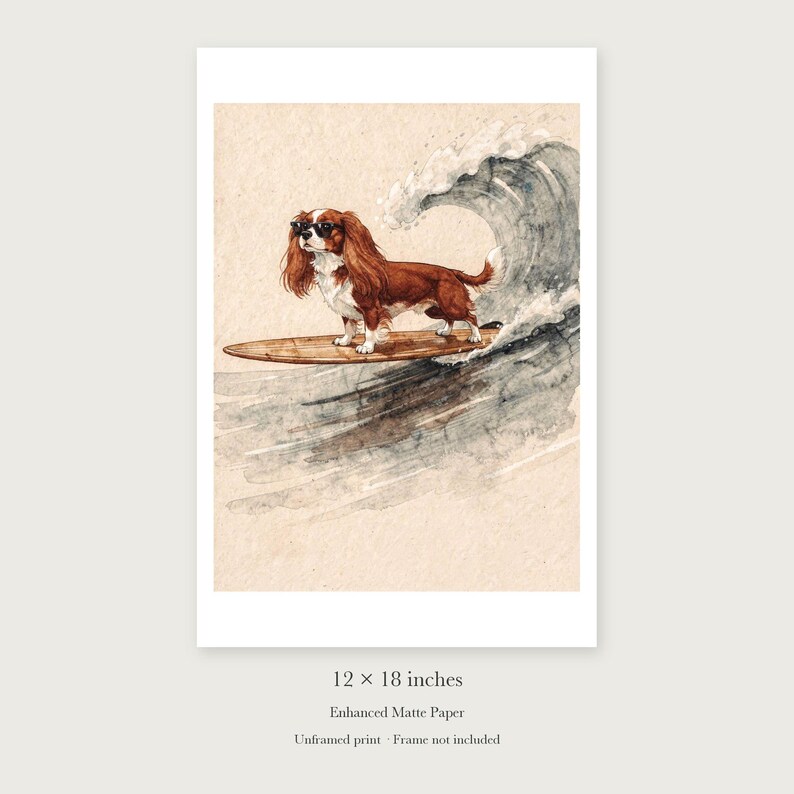 Cavalier King Charles Spaniel Surfing unframed 12 by 18 inch print on enhanced matte paper, shown with its white paper border.