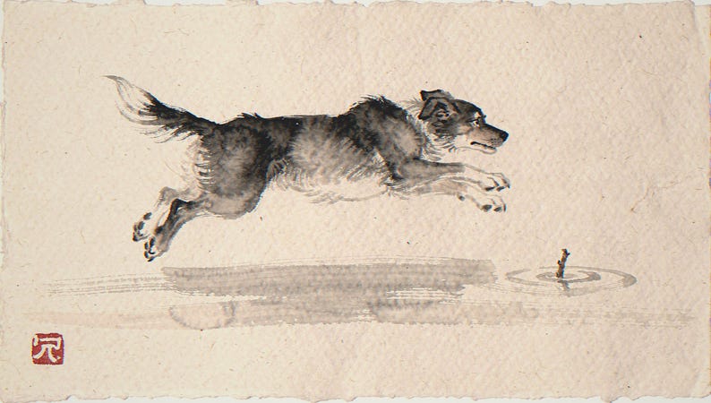 Xieyi Ink Dog Chasing Stick in Surf (Digital Download)