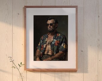 May include: A framed portrait print featuring a man with a beard and dark hair wearing dark sunglasses and an unbuttoned short-sleeved shirt with a dark blue background and a colorful tropical floral pattern of red and white hibiscus flowers.
