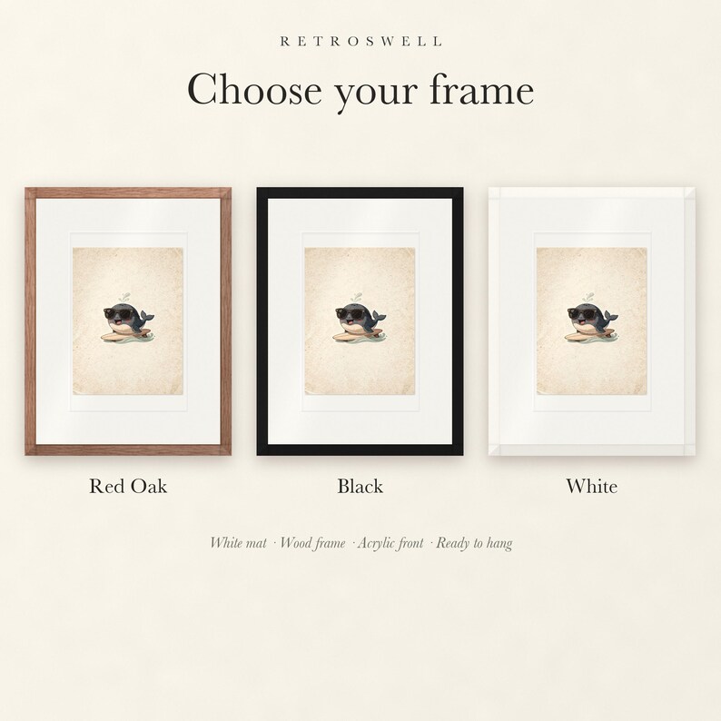 Frame options for Whale Surfing: Red Oak, black and white wood frames, each with a white mat.