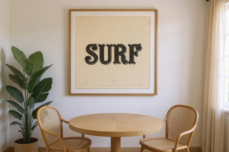 Surf Embroidered Patch Print framed in a coastal dining room setting