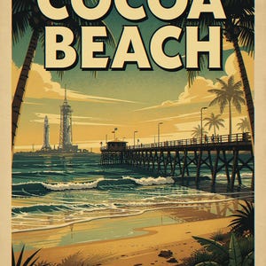 Cocoa Beach coastal scene unframed printed artwork and full composition with its paper border.