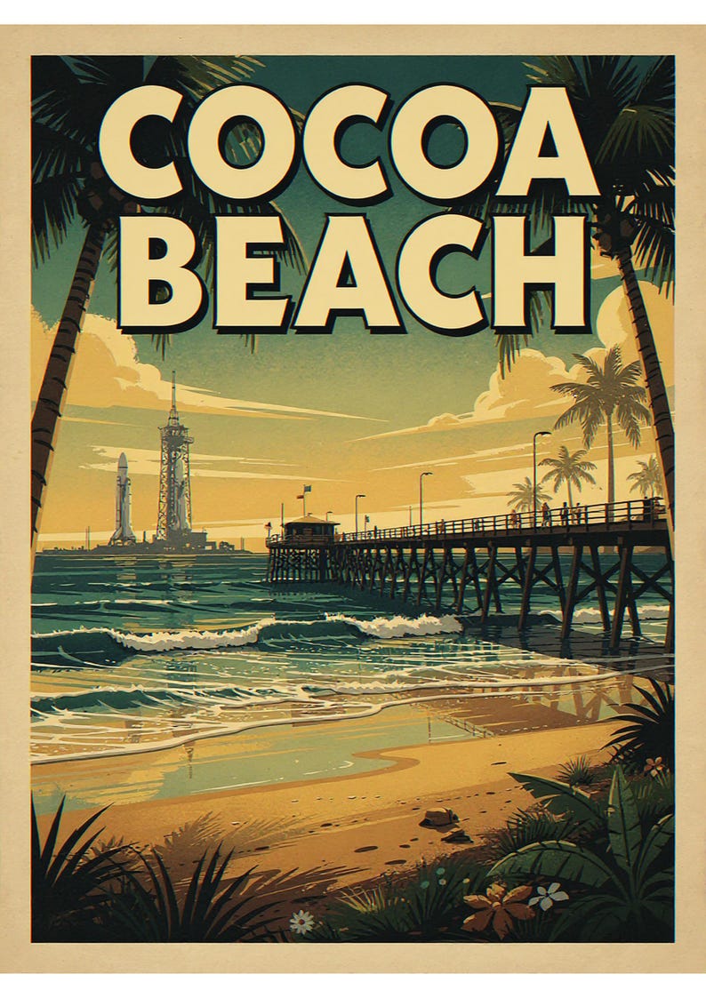 Cocoa Beach coastal scene unframed printed artwork and full composition with its paper border.