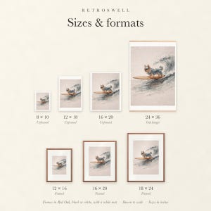 Sizes and formats for Yorkshire Terrier Surfing, shown to scale: unframed prints, oak hanger and framed prints.