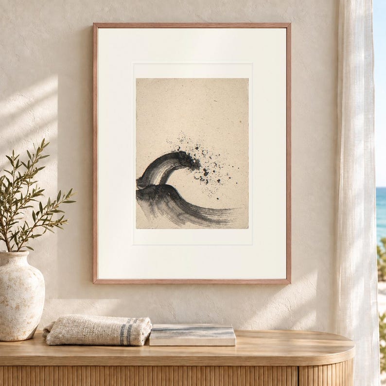 Breaking Wave Ink Style Art Print, Framed or Unframed Minimalist Coastal Poster image 12