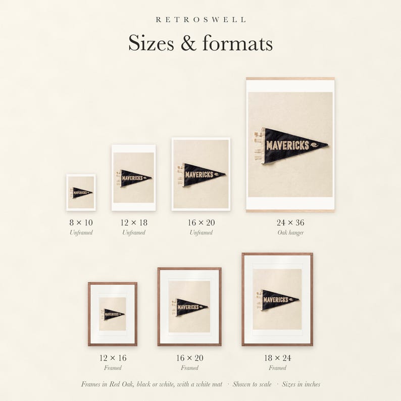 Sizes and formats for Mavericks Surf Pennant, shown to scale: unframed prints, oak hanger and framed prints.