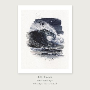 Moonlit Wave Watercolor unframed 8 by 10 inch print on enhanced matte paper, shown with its white paper border.