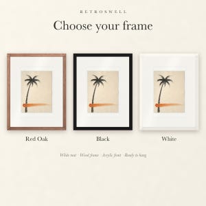 Frame options for Palm Tree Ink Style: Red Oak, black and white wood frames, each with a white mat.