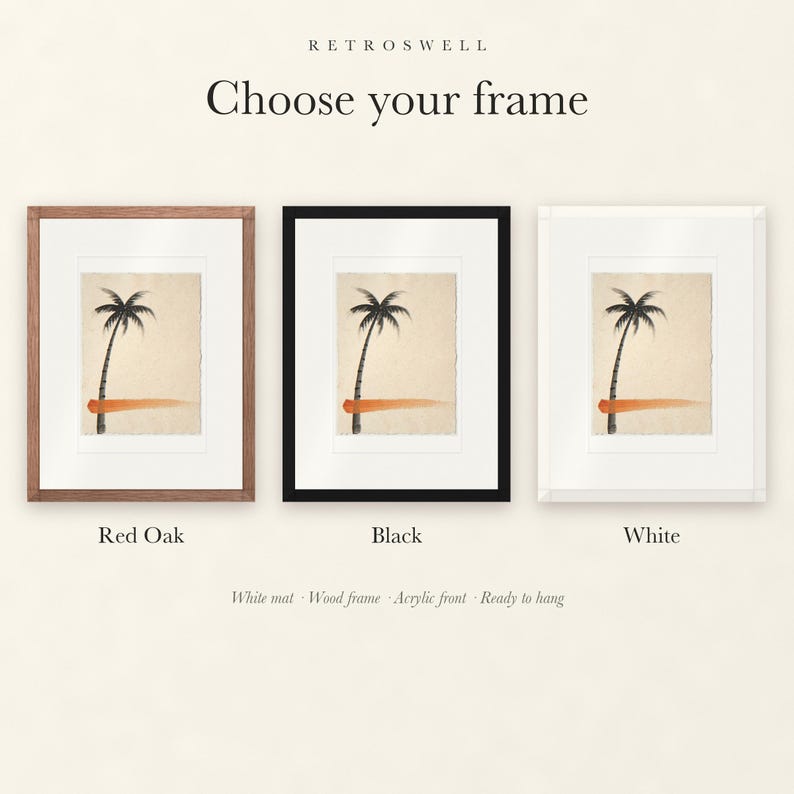 Frame options for Palm Tree Ink Style: Red Oak, black and white wood frames, each with a white mat.
