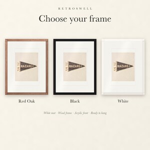 Frame options for Nazaré Surf Pennant: Red Oak, black and white wood frames, each with a white mat.