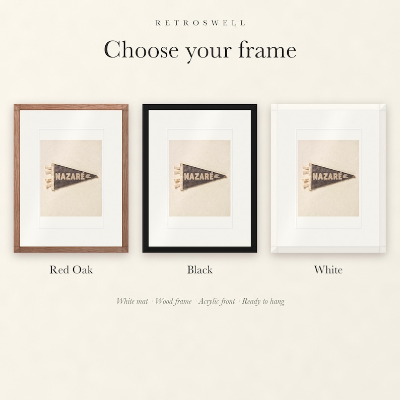 Frame options for Nazaré Surf Pennant: Red Oak, black and white wood frames, each with a white mat.