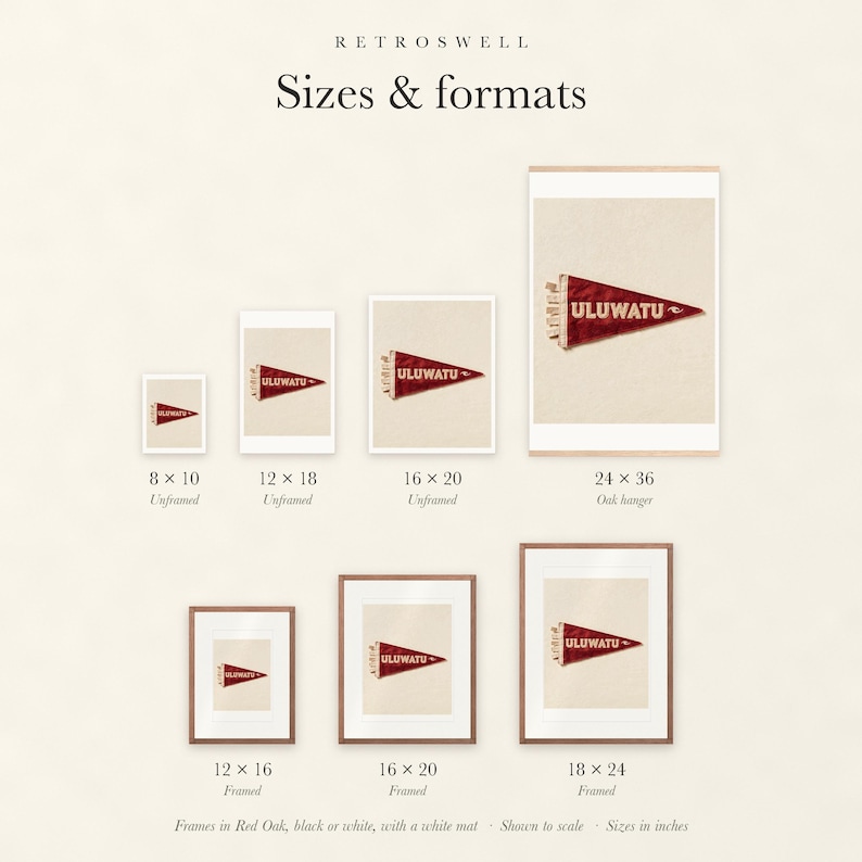 Sizes and formats for Uluwatu Surf Pennant, shown to scale: unframed prints, oak hanger and framed prints.