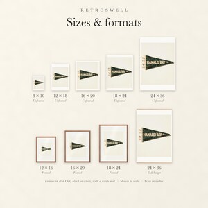 Sizes and formats for Hanalei Bay Surf Pennant, shown to scale: unframed prints from 8 by 10 to 24 by 36 inches, oak hanger and framed prints.