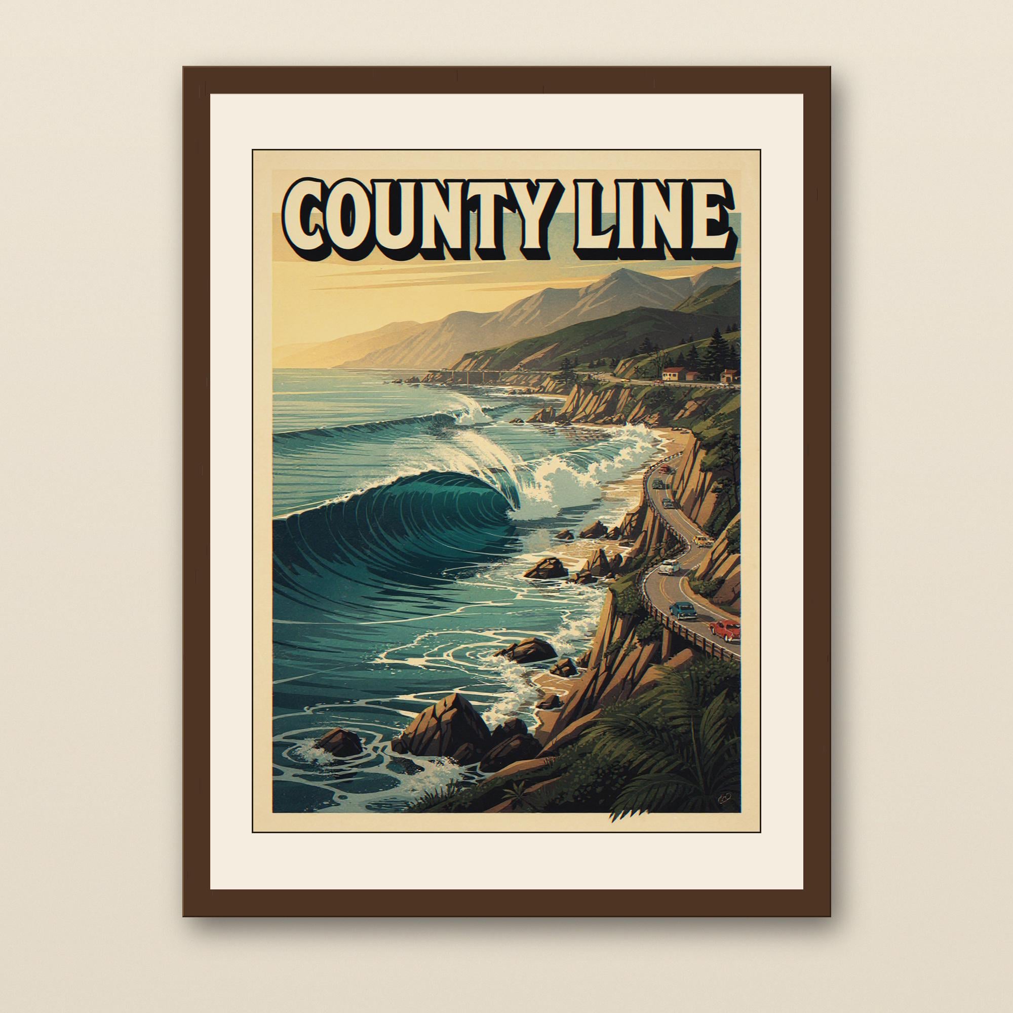 County Line Surf Poster - walnut framed art print with cream mat on plaster wall
