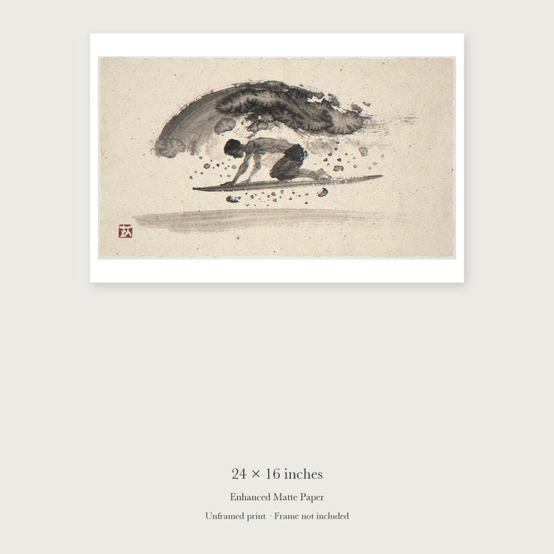 Surfer Duck Dive Xieyi Ink unframed 24 by 16 inch print on enhanced matte paper, shown with its white paper border.