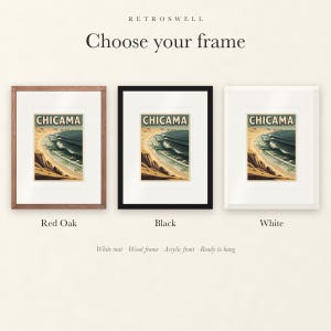 Frame options for Chicama Peru Surf: Red Oak, black and white wood frames, each with a white mat.