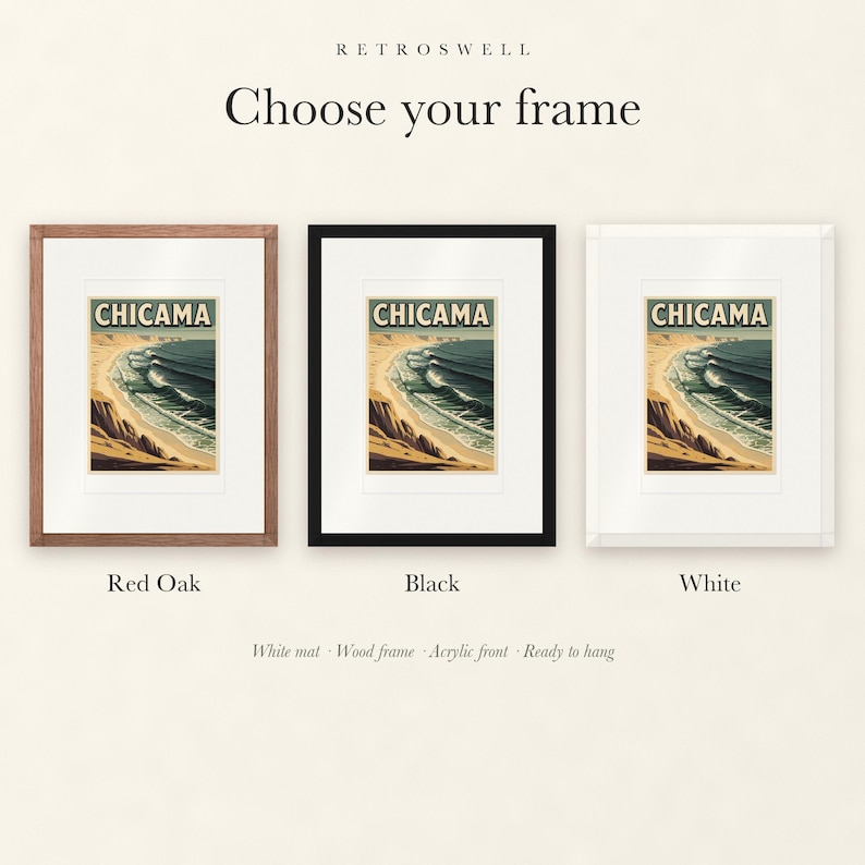 Frame options for Chicama Peru Surf: Red Oak, black and white wood frames, each with a white mat.