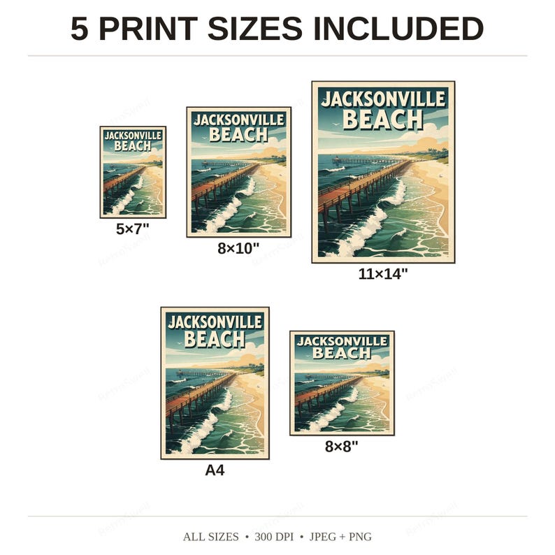 Jacksonville Beach Surf Poster - available print sizes: 5x7, 8x10, 11x14, A4, and square