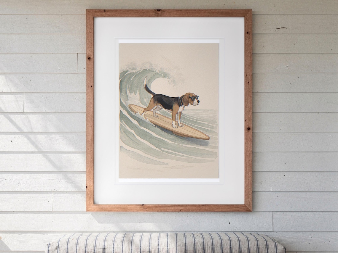 Beagle Surfing print in a Red Oak frame with a white mat, hanging above the bench in a screened beach porch.