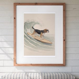 Beagle Surfing print in a Red Oak frame with a white mat, hanging above the bench in a screened beach porch.