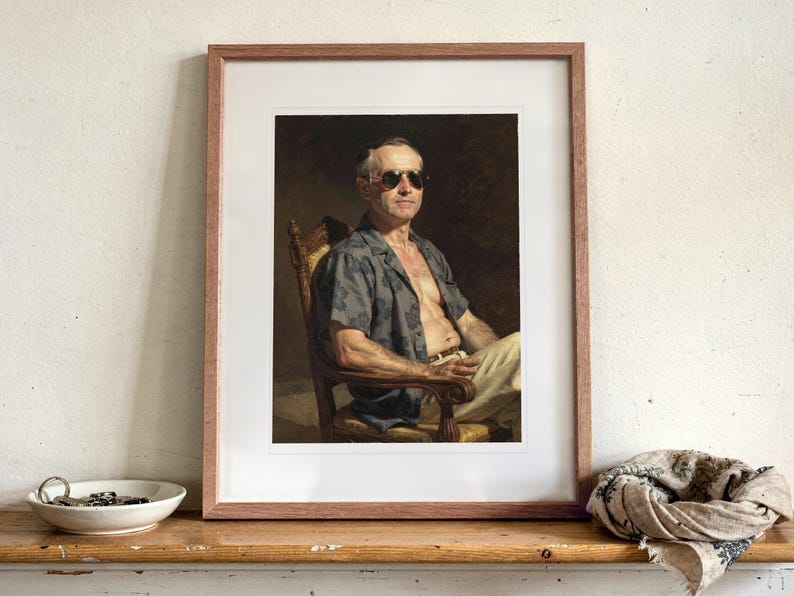 Calvin Coolidge Surfer print in a Red Oak frame with a white mat, leaning on the ledge against the wall in a hallway.