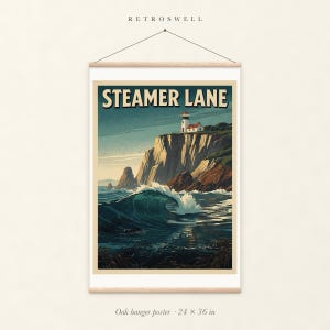 Steamer Lane Surf oak hanger poster, 24 by 36 inches, with natural wood rails and a hanging cord.