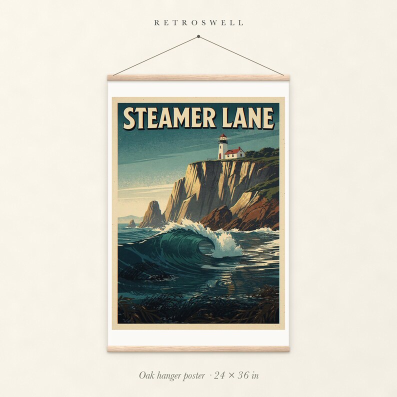 Steamer Lane Surf oak hanger poster, 24 by 36 inches, with natural wood rails and a hanging cord.