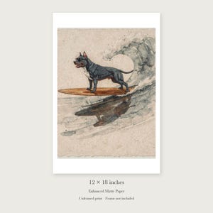 Pit Bull Surfing unframed 12 by 18 inch print on enhanced matte paper, shown with its white paper border.