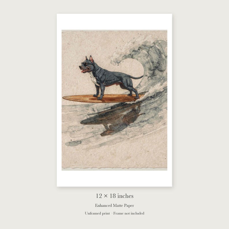 Pit Bull Surfing unframed 12 by 18 inch print on enhanced matte paper, shown with its white paper border.