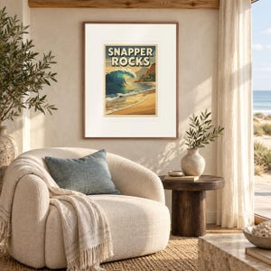 Snapper Rocks Surf print in a Red Oak frame with a white mat in a light-filled coastal sitting room.