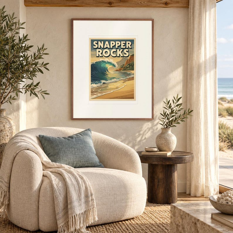 Snapper Rocks Surf print in a Red Oak frame with a white mat in a light-filled coastal sitting room.