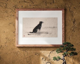 Lámina artística de Xieyi con tinta, estilo perro mirando al mar. Pintura china con pincel, enmarcada o sin enmarcar. Arte mural paisajístico.