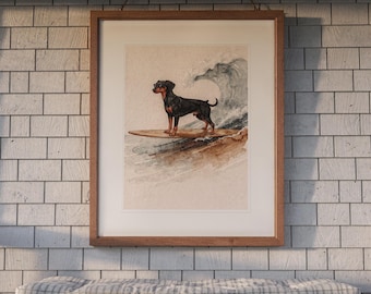 Lámina artística de Doberman surfeando / Arte mural de perro en acuarela (Descarga digital)