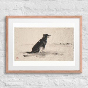 Dog Gazing at the Sea Xieyi Ink print in a Red Oak 24 by 18 inch frame with a white mat on a white brick wall.