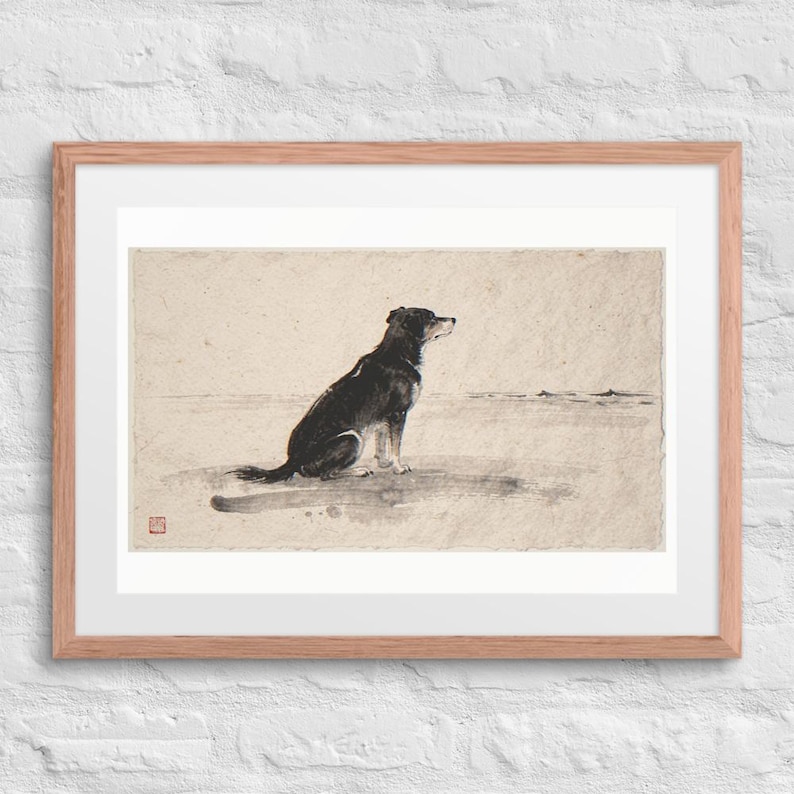 Dog Gazing at the Sea Xieyi Ink print in a Red Oak 24 by 18 inch frame with a white mat on a white brick wall.